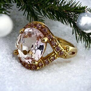 Faceted Pale Pink Kunzite Cocktail Ring Set in Gold Tone Sterling Silver - 7